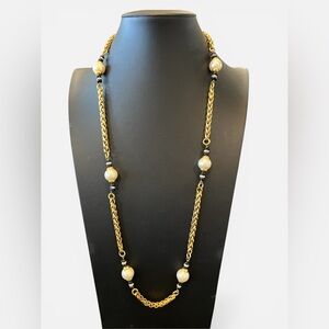 CHANEL Vintage Gold Plated Chain Necklace with Cream Pearls and Onyx